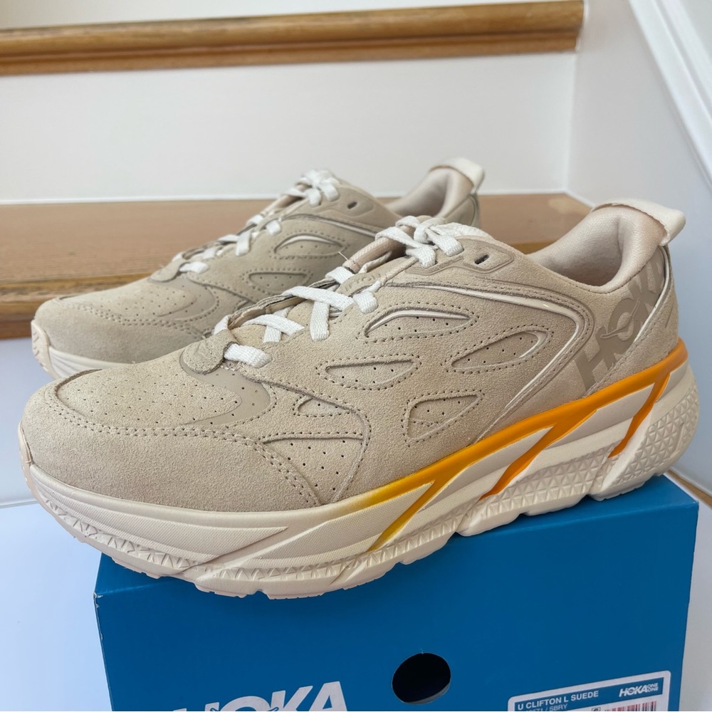NWT Clifton L Suede Unisex NEW Leather Athletic Shoes tan shortbread beige gold - Picture 4 of 11